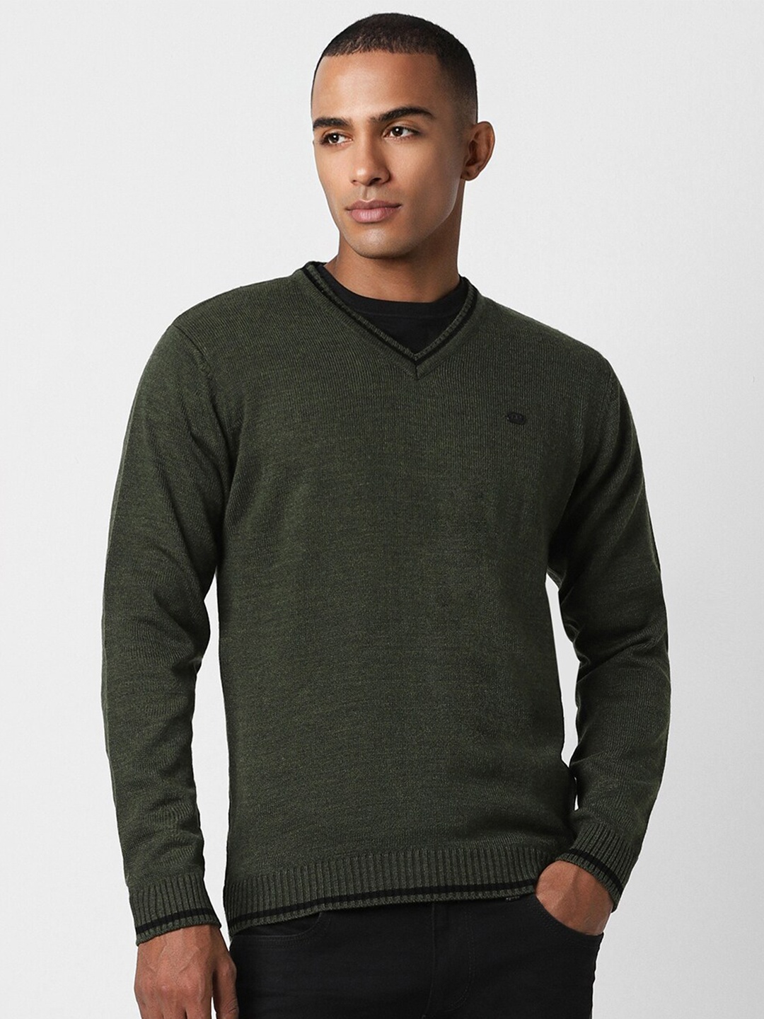 

Peter England Casuals V- Neck Ribbed Acrylic Pullover, Olive