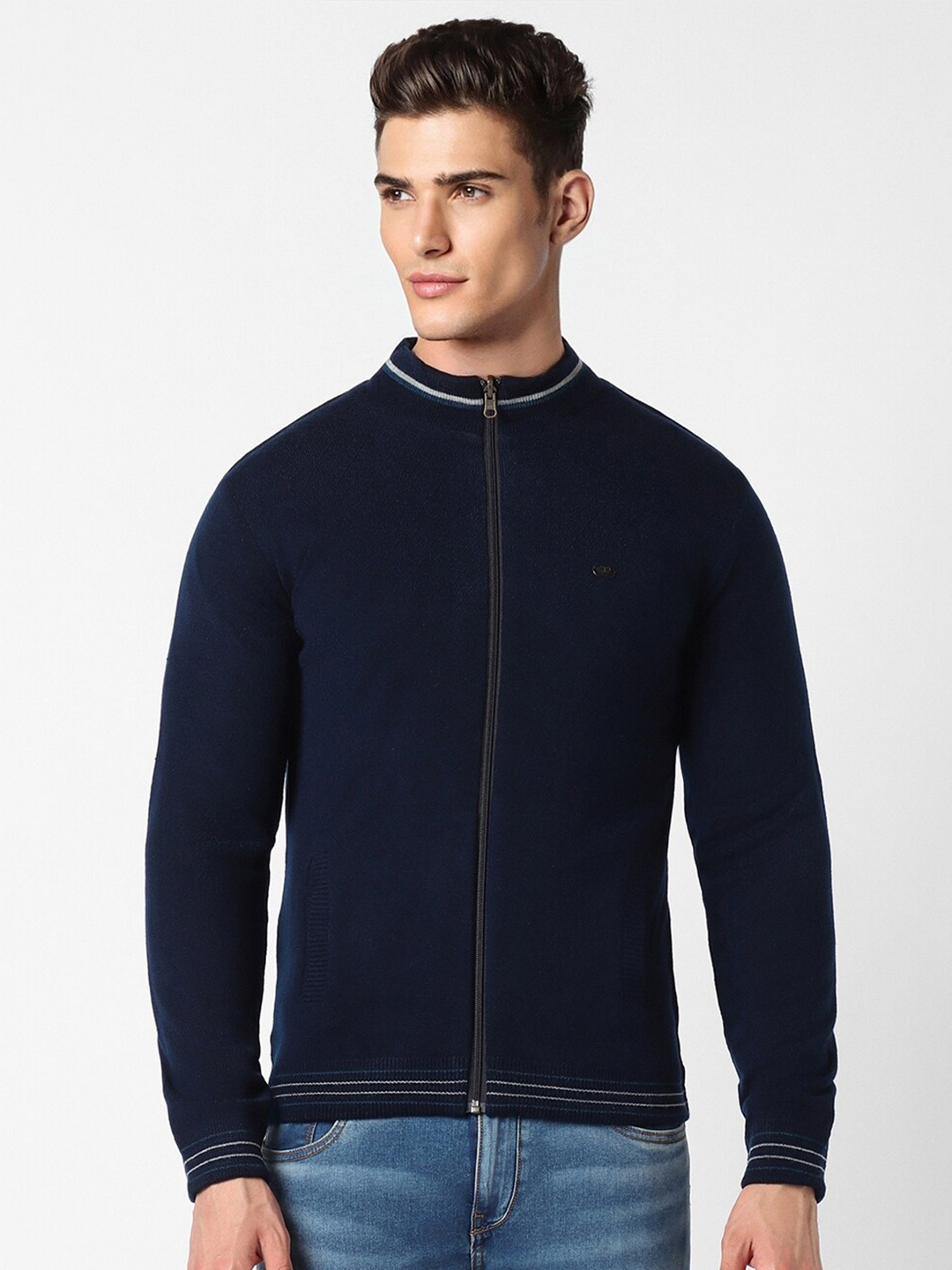 

Peter England Casuals Mock Collar Acrylic Front-Open Sweater, Navy blue