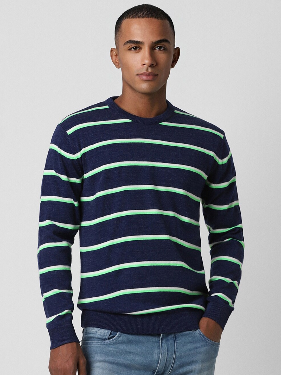 

Peter England Casuals Striped Round Neck Pure Cotton Pullover, Navy blue