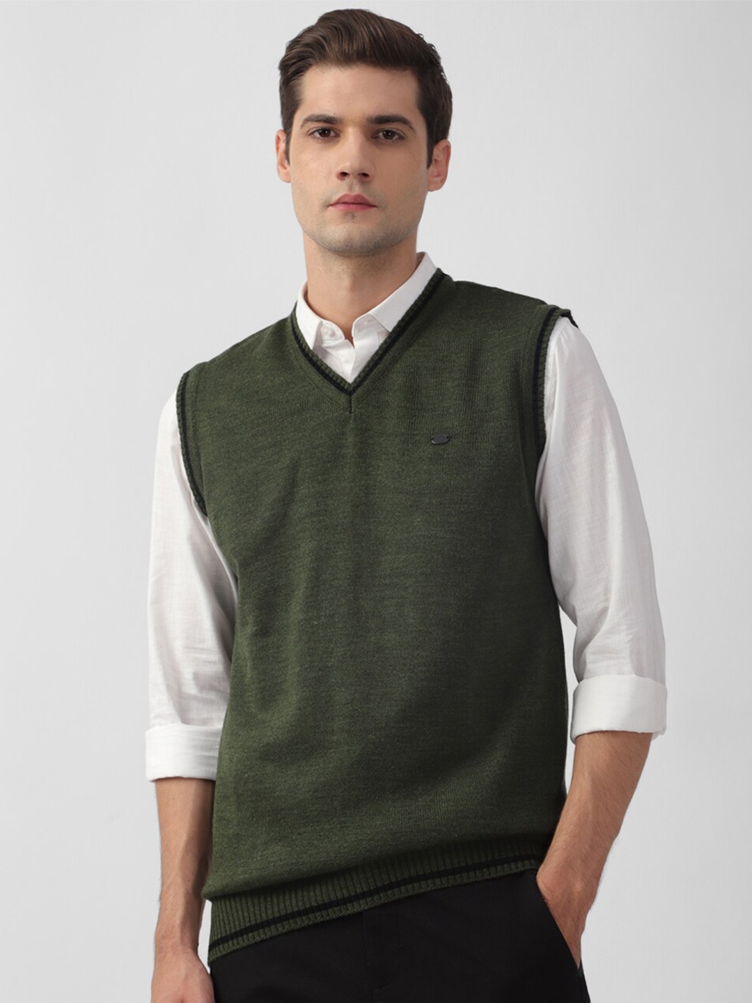 

Peter England Casuals V- Neck Ribbed Sweater Vest, Olive