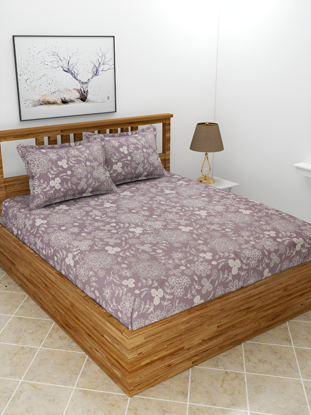 

BREVARD Mauve Floral Printed 210 TC Queen Bedsheet With 2 Pillow Covers