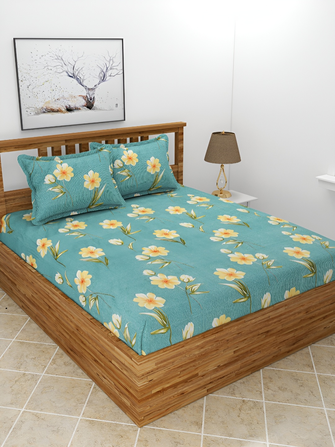 

BREVARD Green & Yellow Floral 210 TC Queen Bedsheet with 2 Pillow Covers