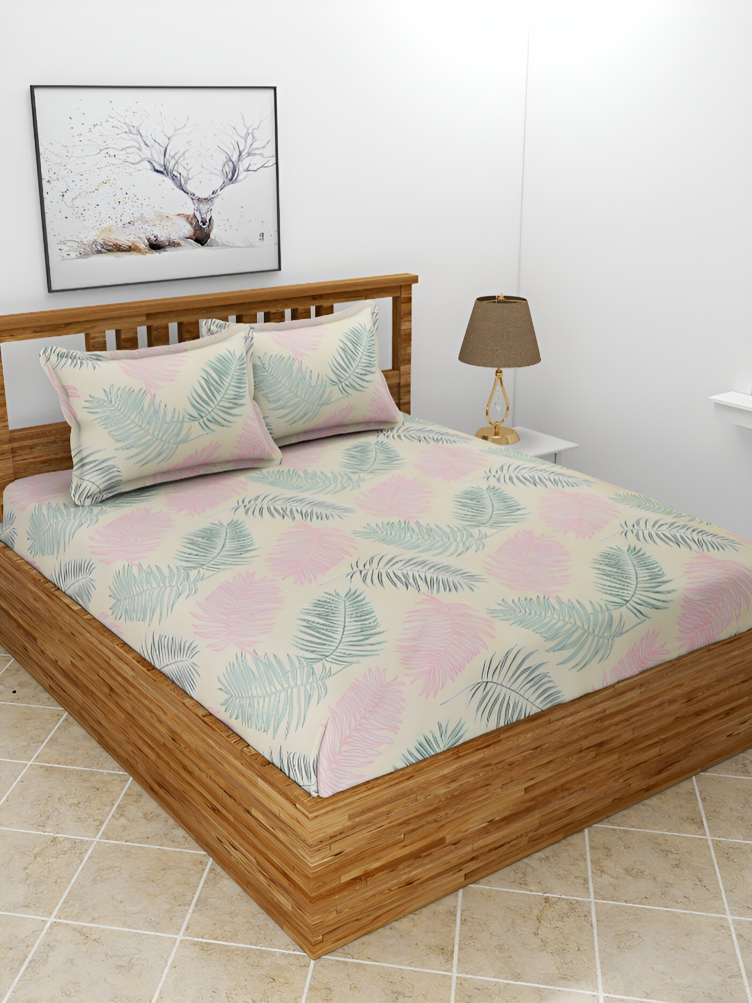 

BREVARD Green & Yellow Leaf Printed 210 TC Queen Bedsheet With 2 Pillow Covers