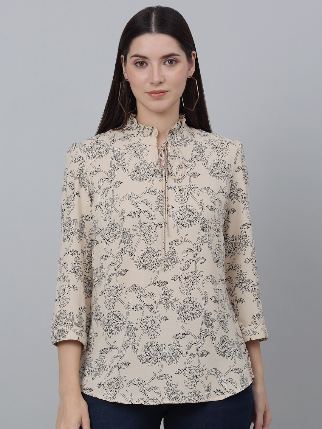 

Cantabil Floral Printed Mandarin Collar Tunic, Beige