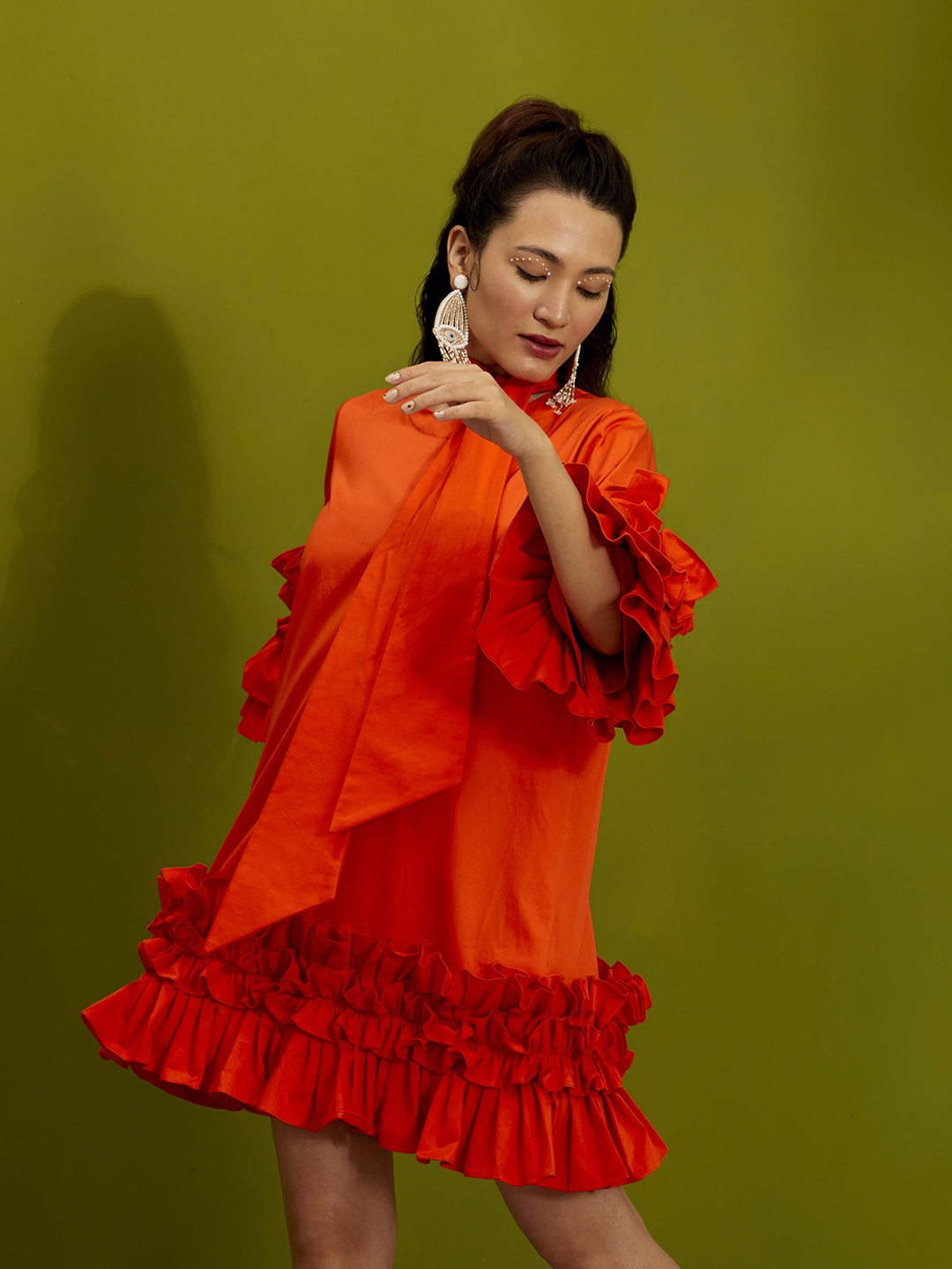 

NEHHA NHATA Bell Sleeve Ruffled Cotton A-Line Dress, Orange