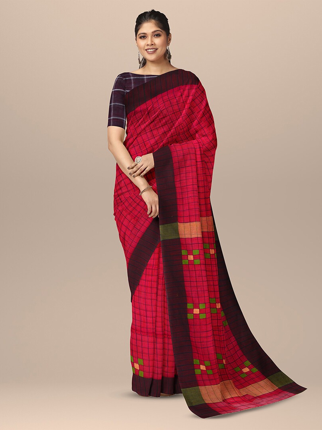 

SARIKA Checked Pure Cotton Saree, Maroon