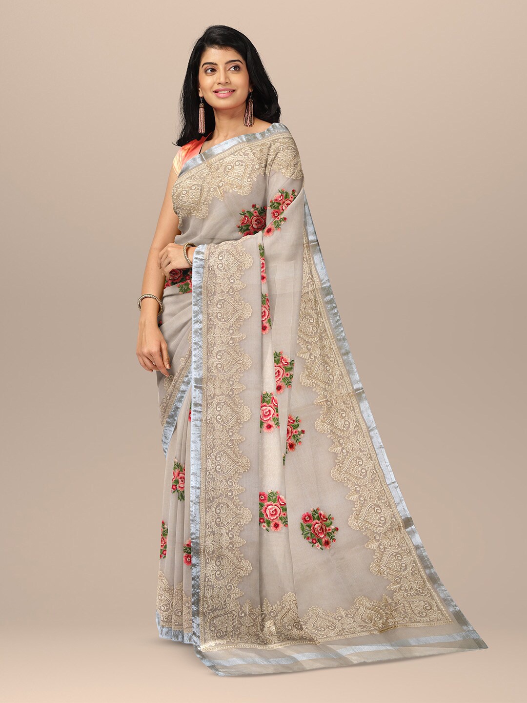 

SARIKA Floral Embroidered Saree, Beige