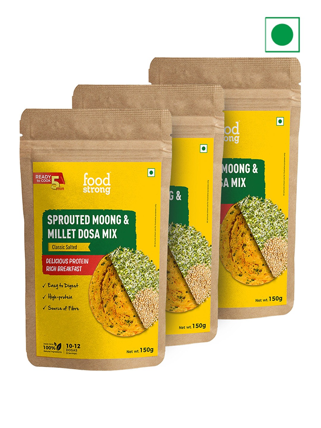 

Foodstrong Set Of 3 Sprouted Moong Dosa Mix, Yellow