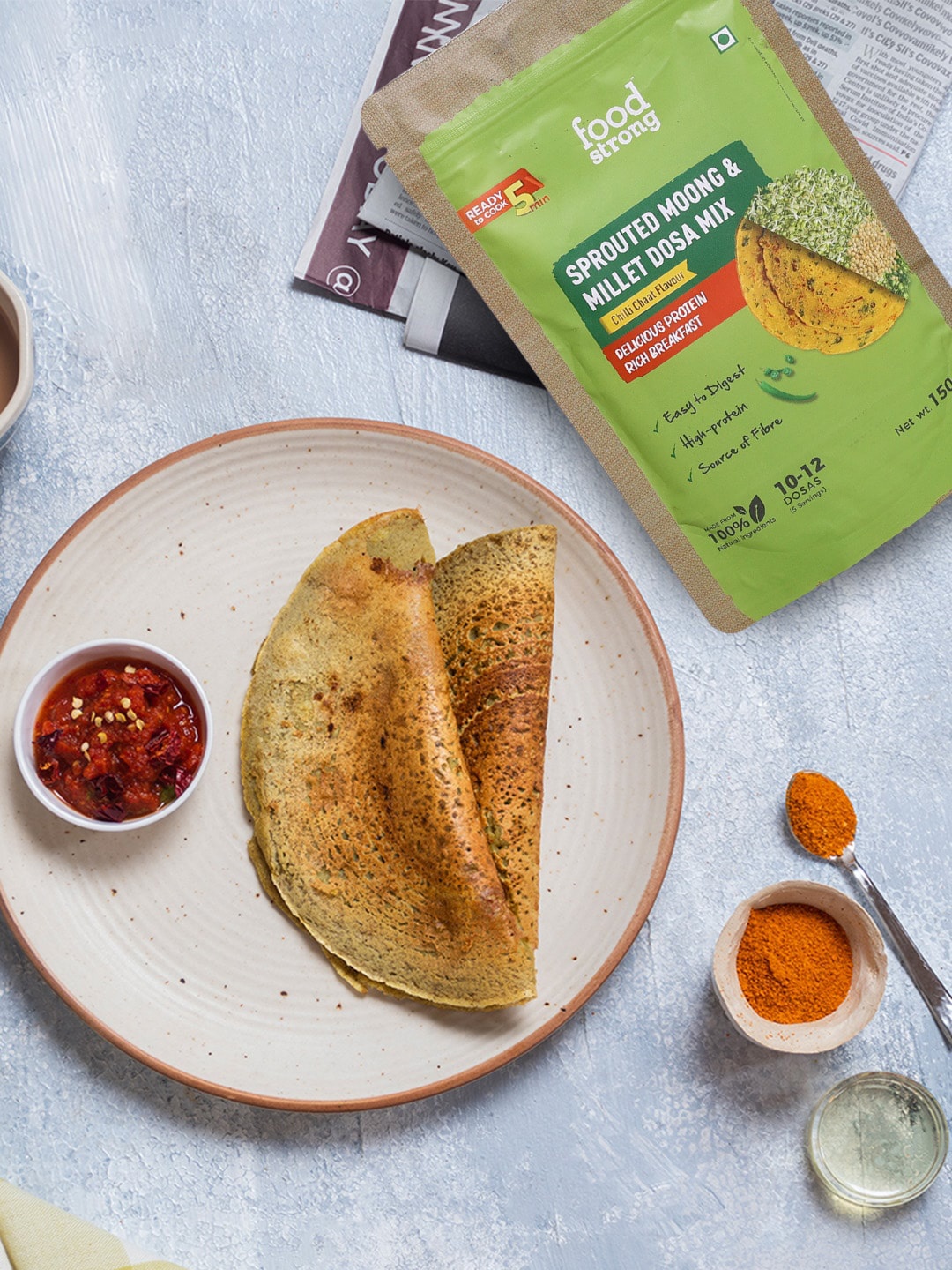 

Foodstrong Set Of 3 Chilli Chat Flavour Sprouted Moong Dosa Mix, Green