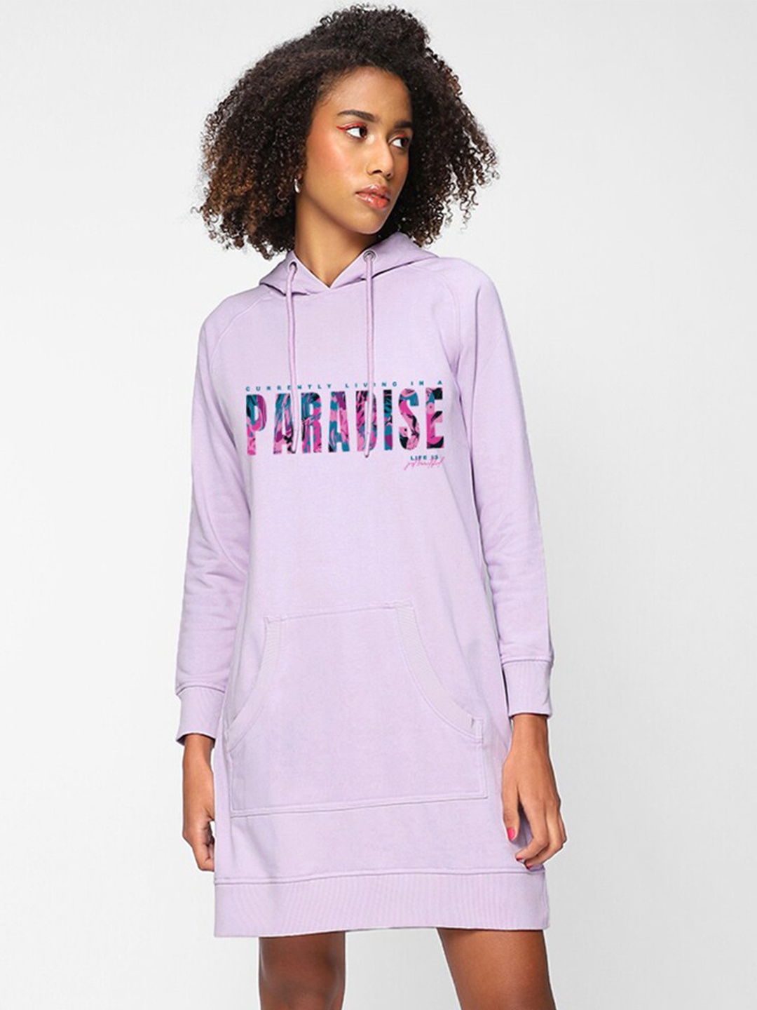 

Bewakoof Typography Printed Hooded T-shirt Dress, Purple
