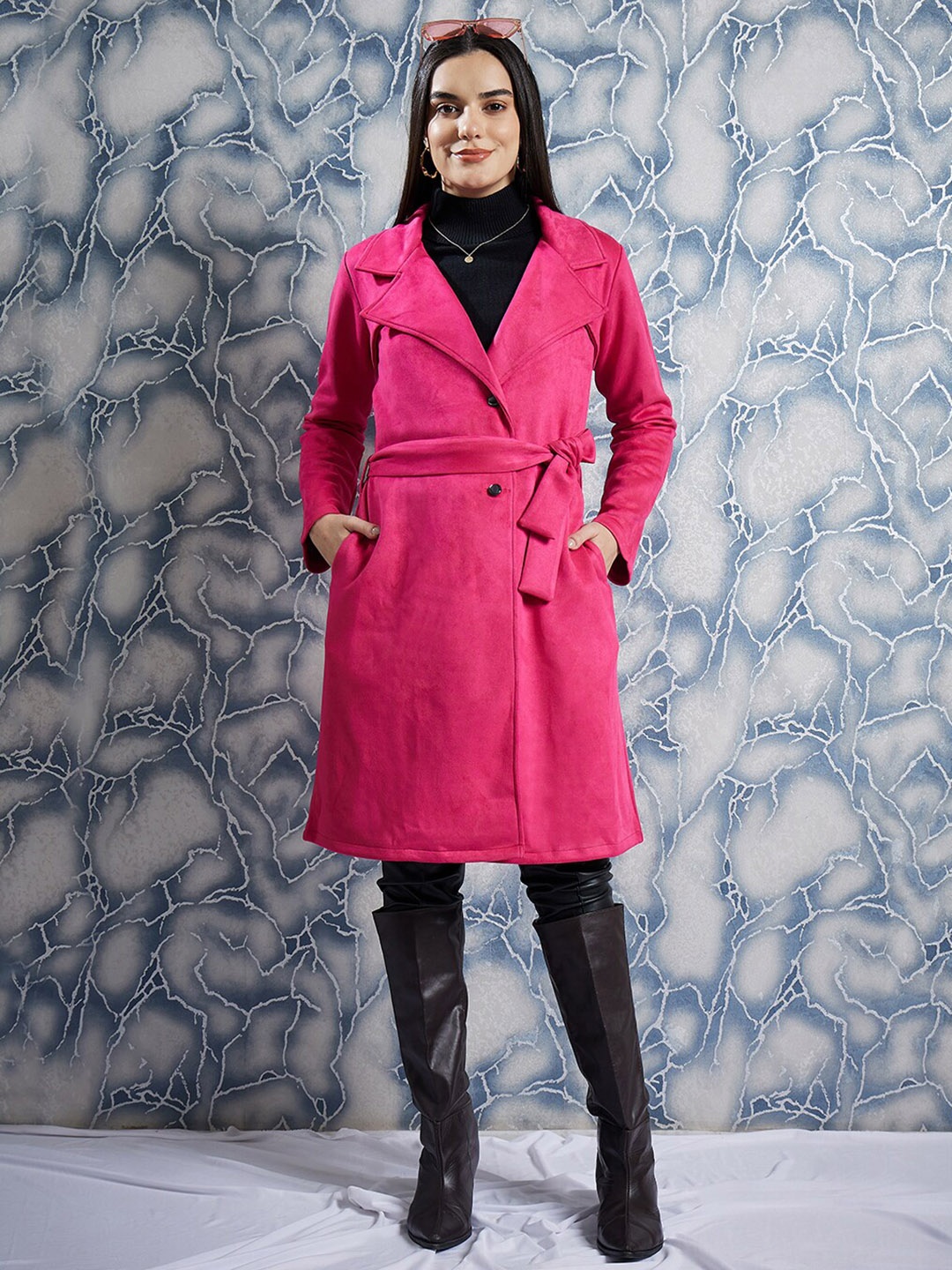 

Athena Single-Breasted Suede Overcoat With Belt, Fuchsia
