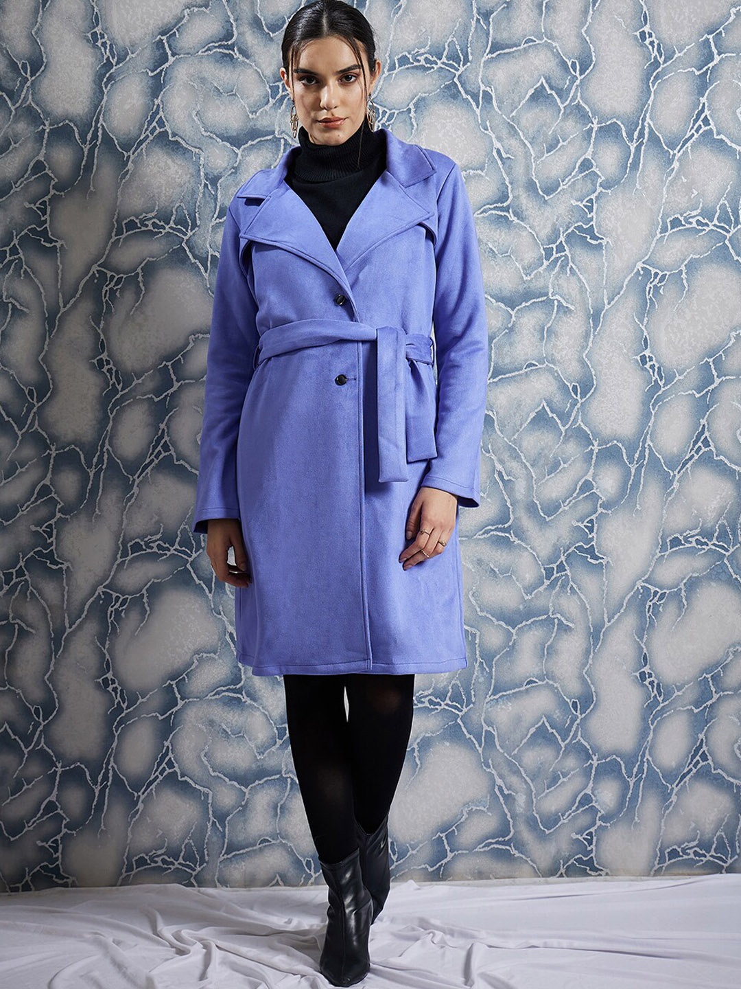 

Athena Single-Breasted Suede Overcoat With Belt, Blue