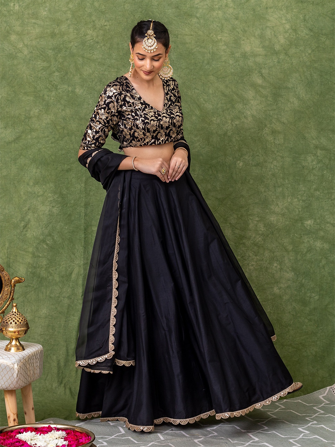 

KASYA Floral Woven Design Ready to Wear Lehenga & Blouse With Dupatta, Black