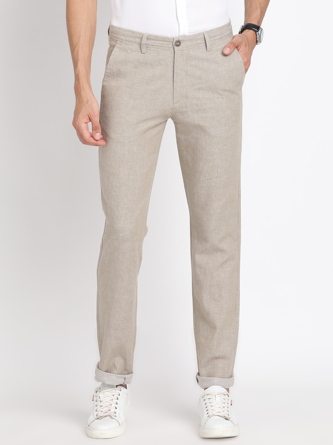 

Turtle Plain Ultra Slim Fit Cotton Linen Regular Trousers, Beige
