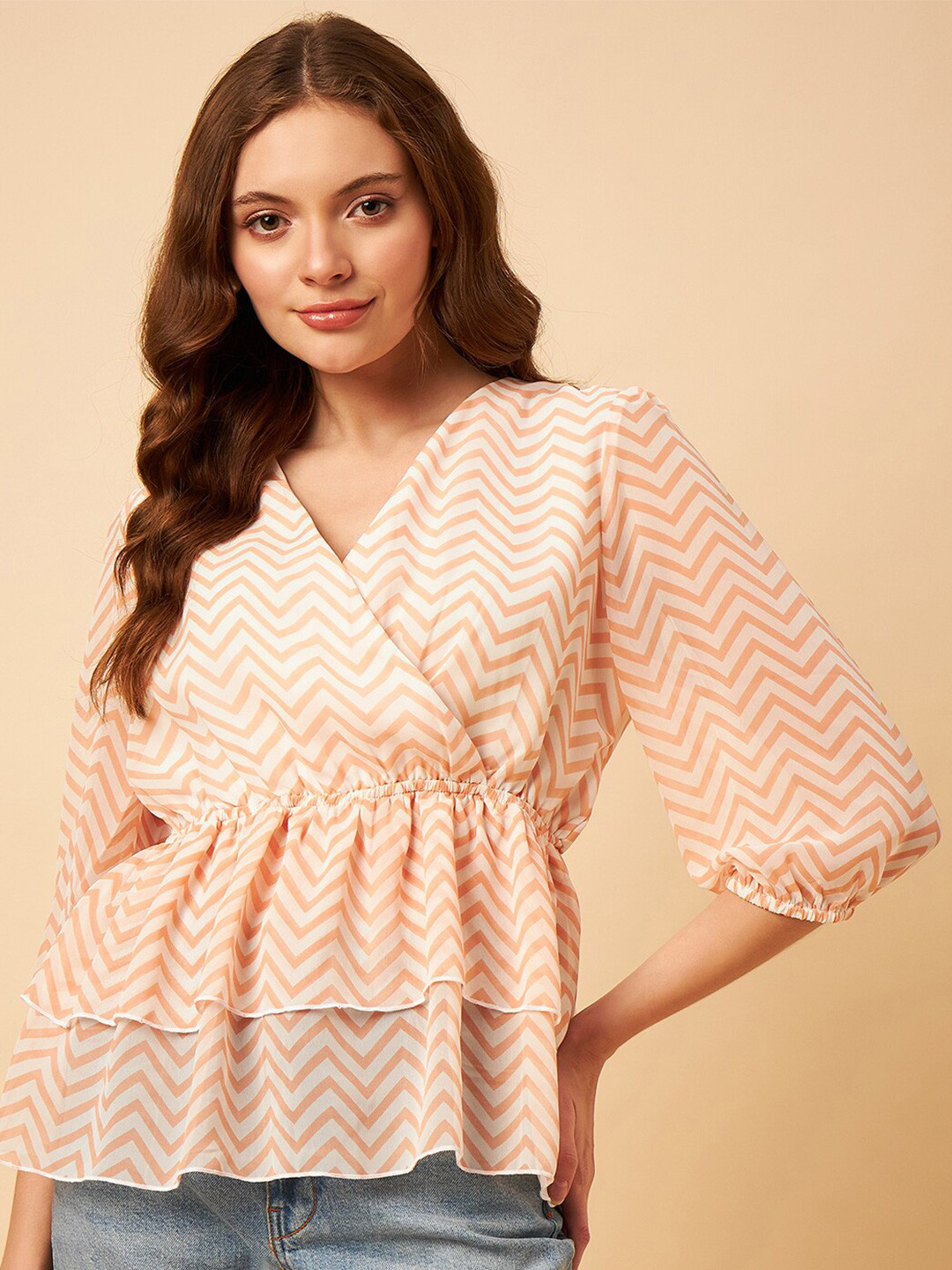 

STYLE BLUSH Striped V- Neck Chiffon Wrap Top, Peach