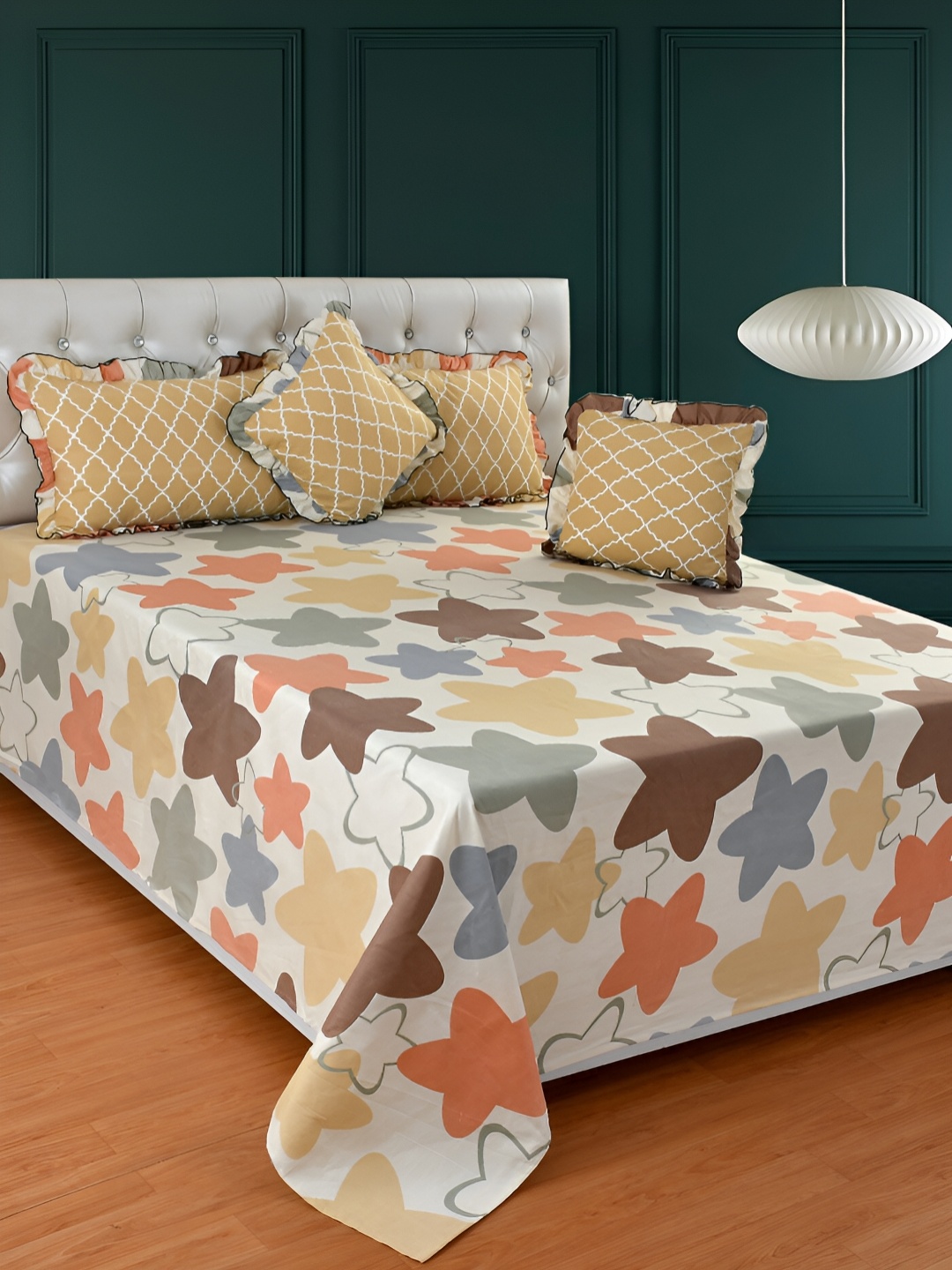 

BREVARD Cream Geometric Cotton Double King Superfine Bedding Set