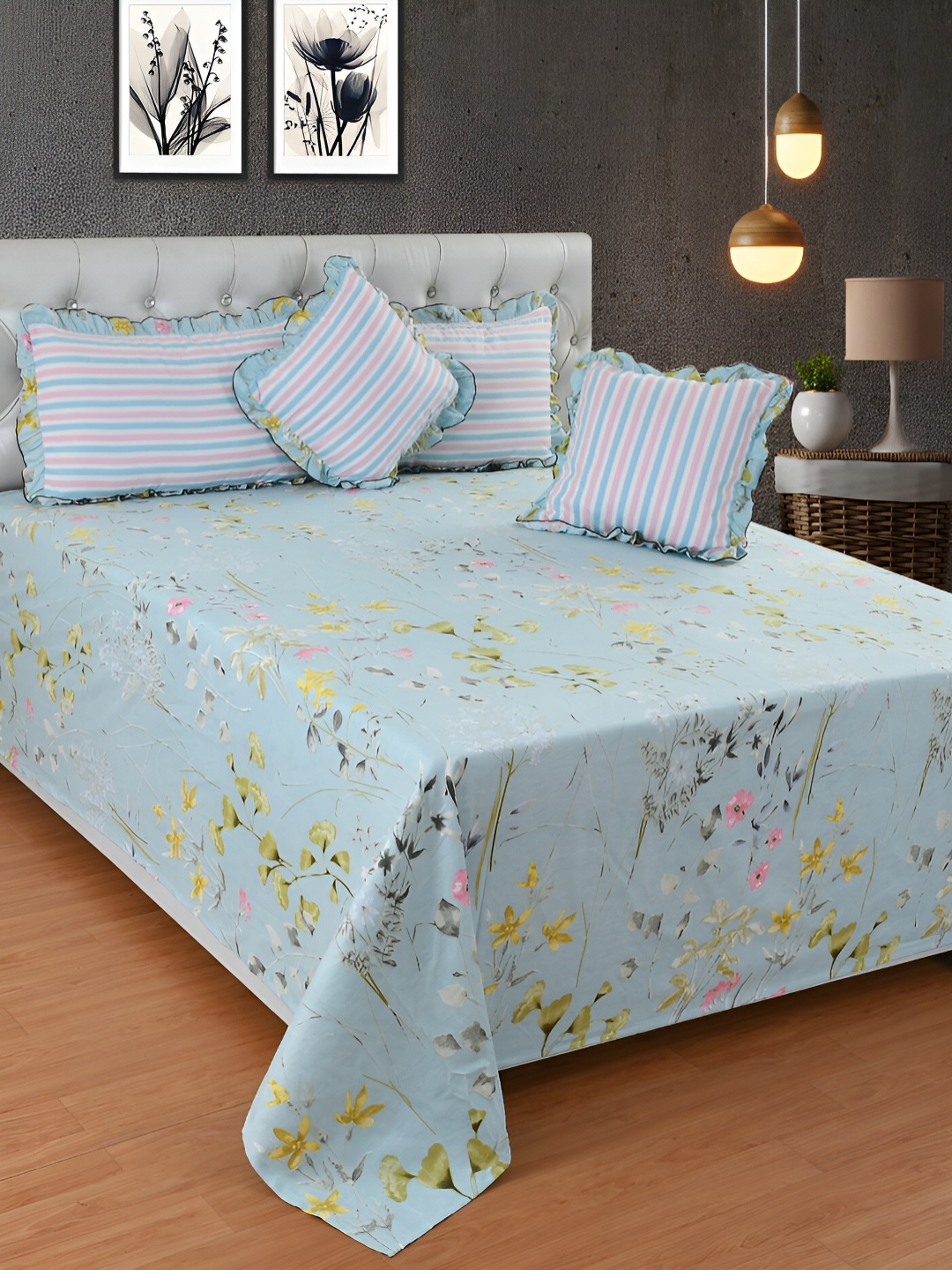 

BREVARD Blue Floral Cotton Double King Superfine Bedding Set