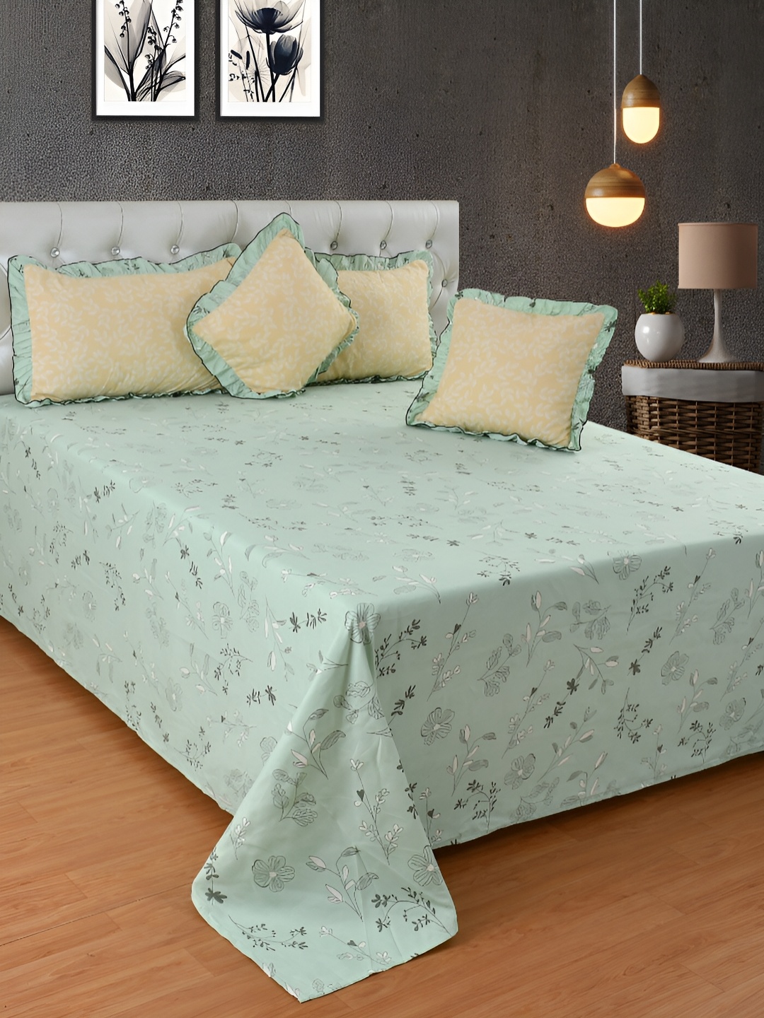 

BREVARD Green Floral Cotton Double King Superfine Bedding Set