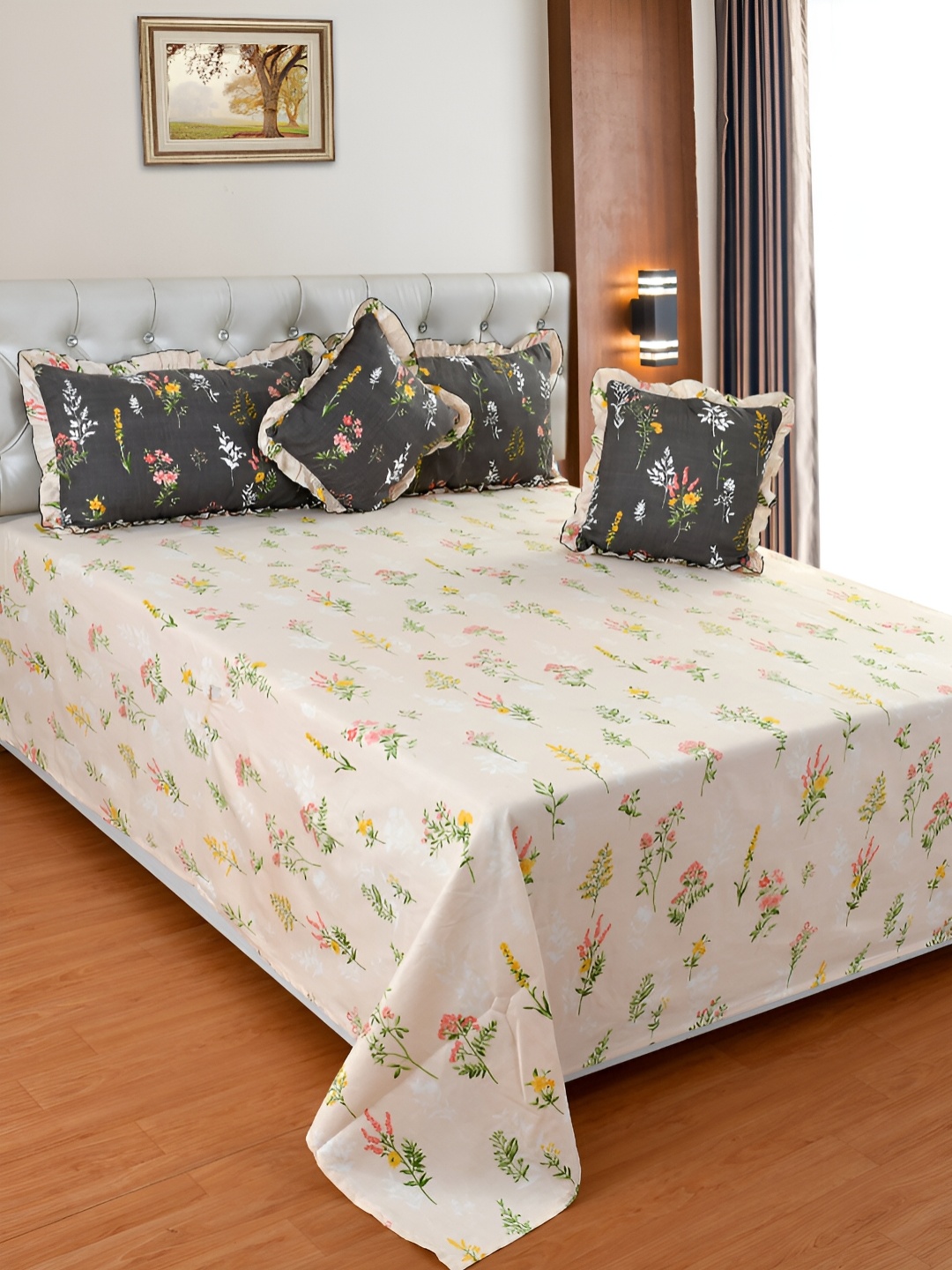 

BREVARD Peach & Grey Floral Printed Double King Superfine Bedding Set