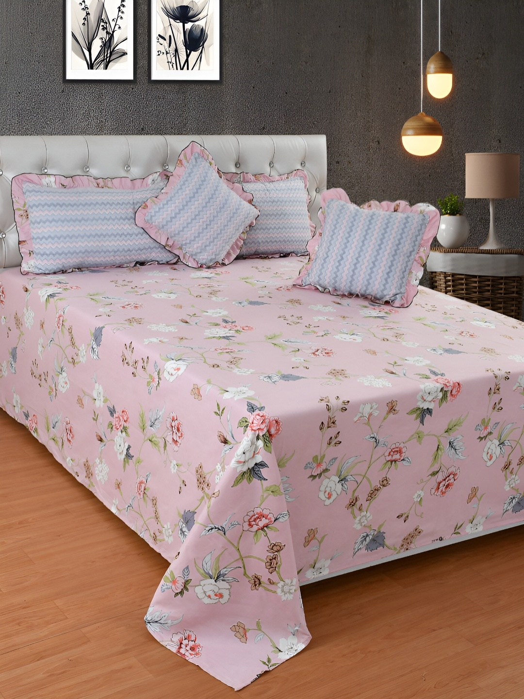 

BREVARD Pink Floral Cotton Double King Superfine Bedding Set