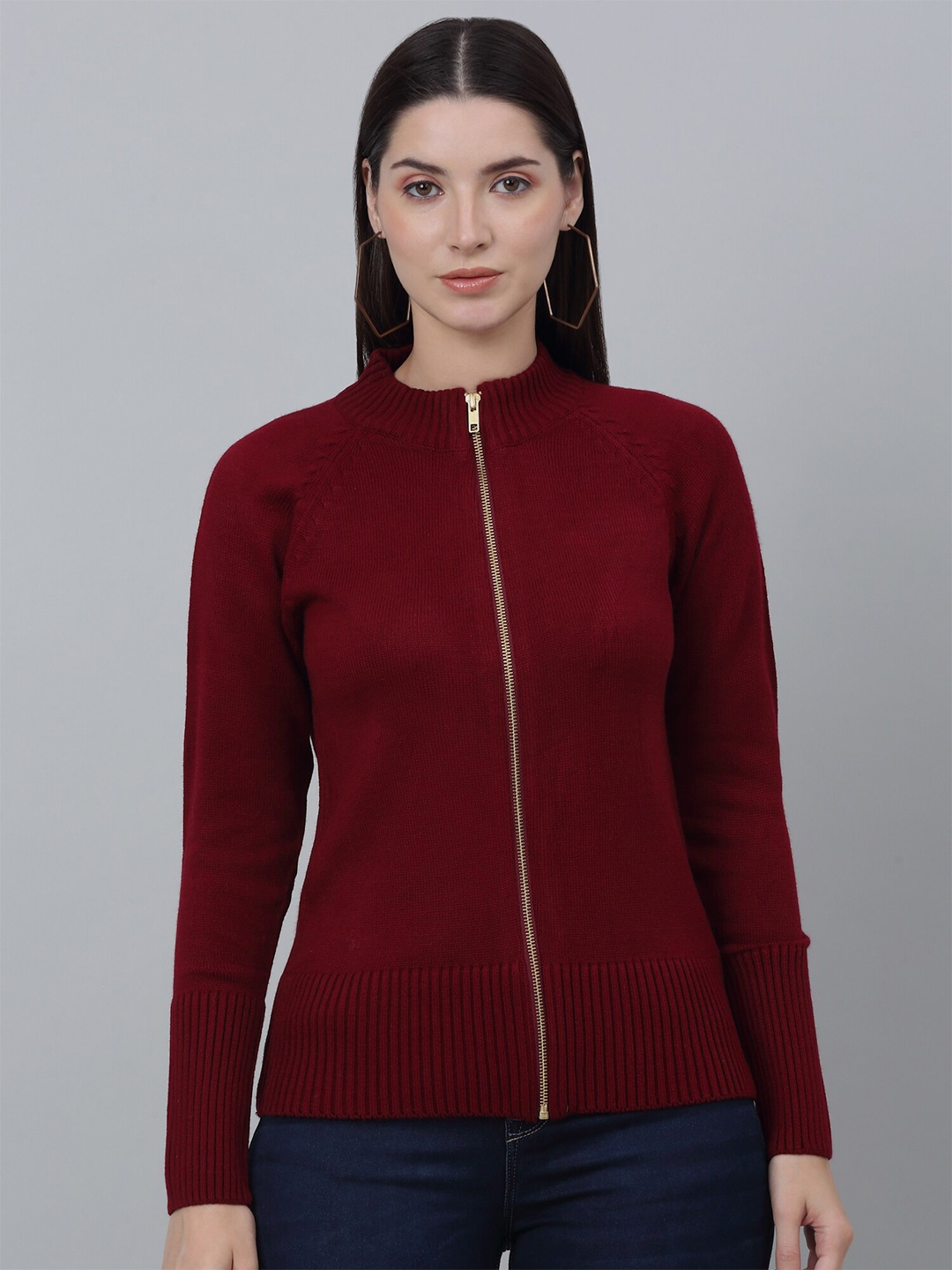 

Cantabil Ribbed Mock Neck Acrylic Front-Open Sweater, Maroon