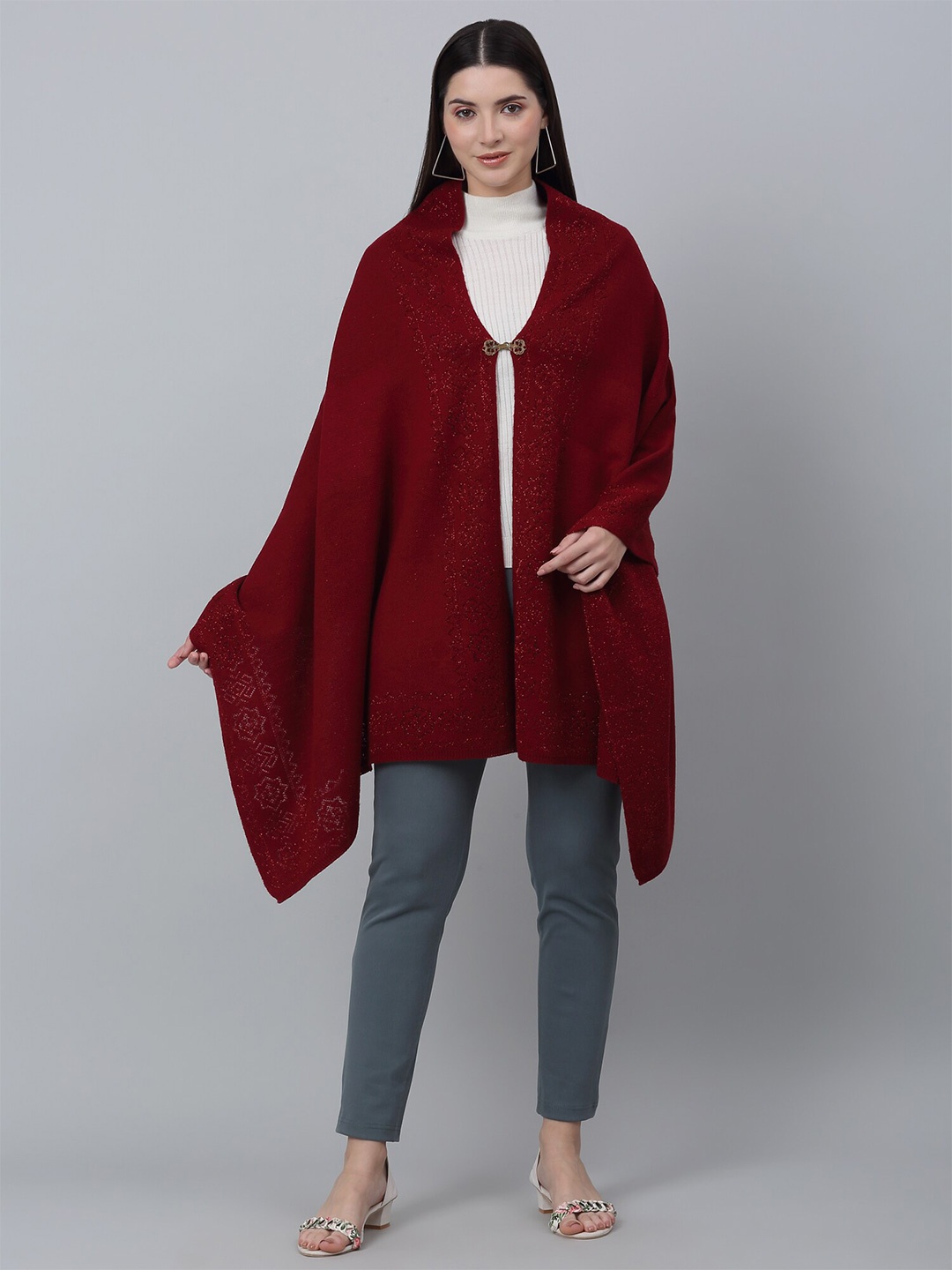 

Cantabil Floral Woven Design Acrylic Shawl, Maroon