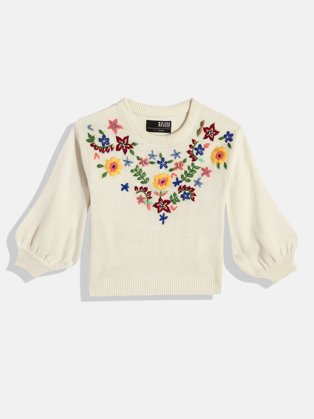 

HERE&NOW Girls Acrylic Floral Embroidered Pullover Sweater, Off white