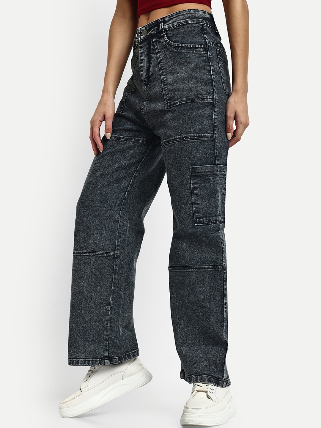 

BROADSTAR Women Smart Wide Leg High Rise Stretchable Jeans, Black