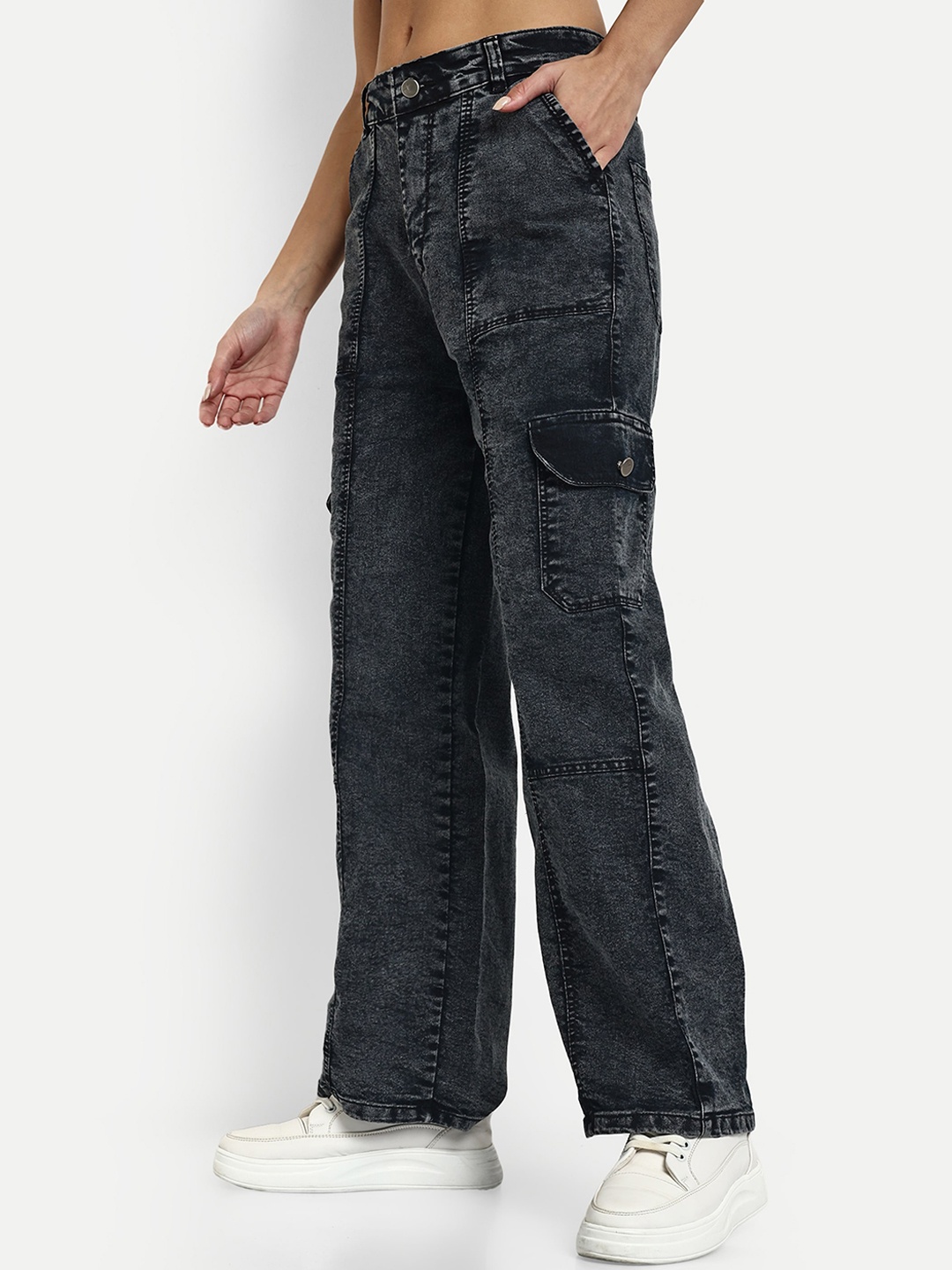 

BROADSTAR Women Smart Wide Leg High Rise Clean Look Heavy Fade Stretchable Jeans, Black