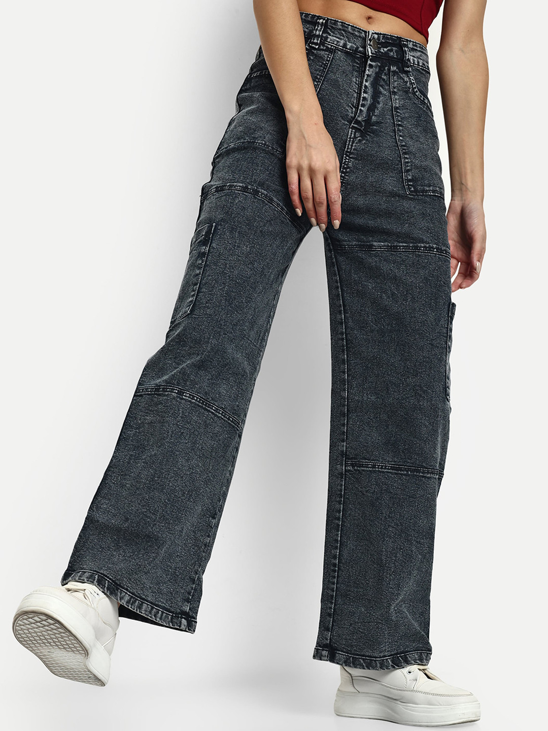 

BROADSTAR Women Smart Wide Leg High Rise Clean Look Heavy Fade Stretchable Jeans, Black