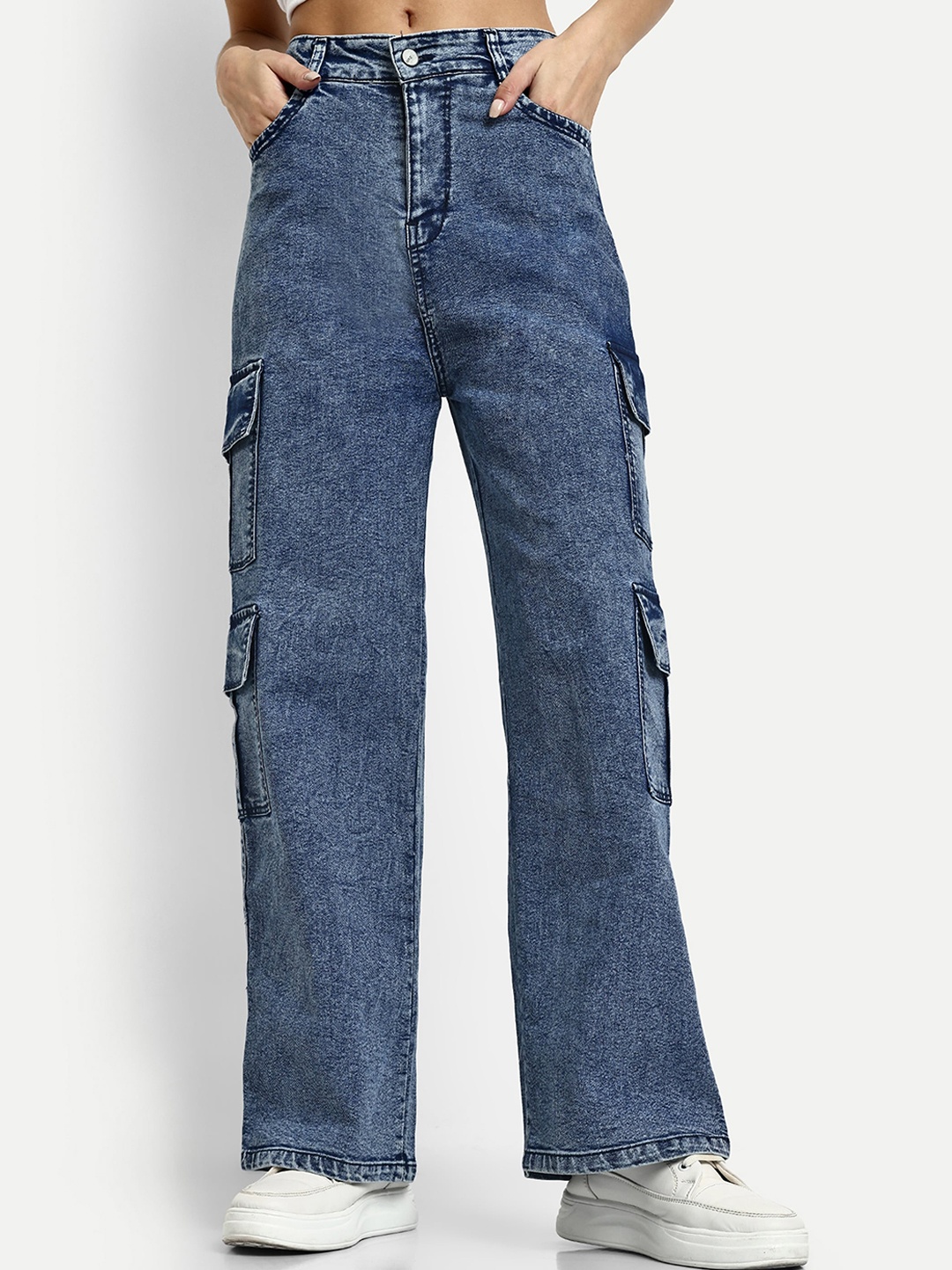 

BROADSTAR Women Smart Wide Leg High Rise Clean Look Heavy Fade Stretchable Jeans, Blue
