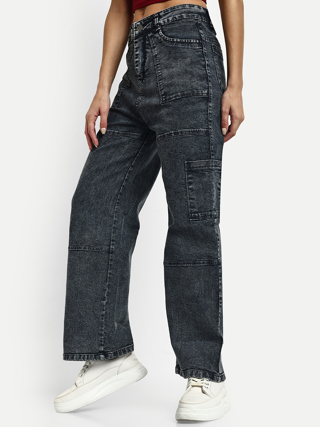

BROADSTAR Women Smart Wide Leg High-Rise Stretchable Cotton Cargo Jeans, Black