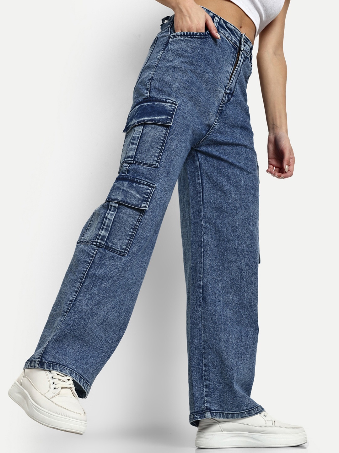 

BROADSTAR Women Smart Wide Leg High-Rise Clean Look Stretchable Jeans, Blue