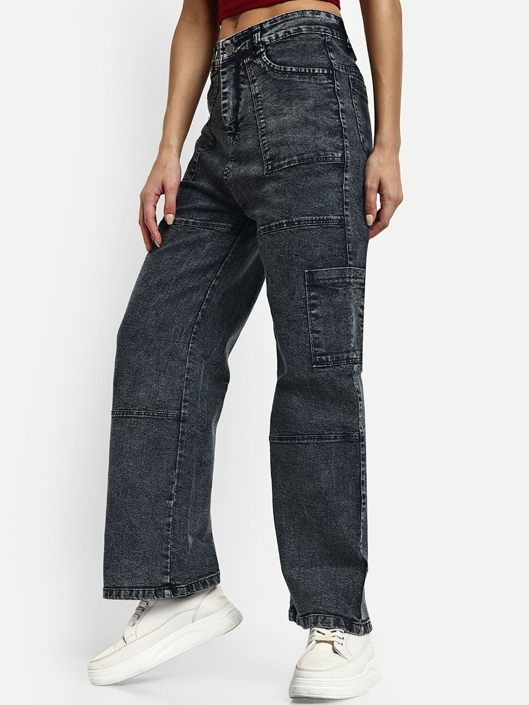 

BROADSTAR Women Smart Wide Leg High-Rise Cotton Stretchable Cargo Jeans, Black