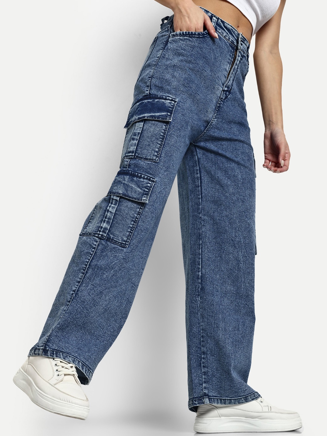 

BROADSTAR Women Smart Wide Leg High-Rise Cotton Cargo Jeans, Blue