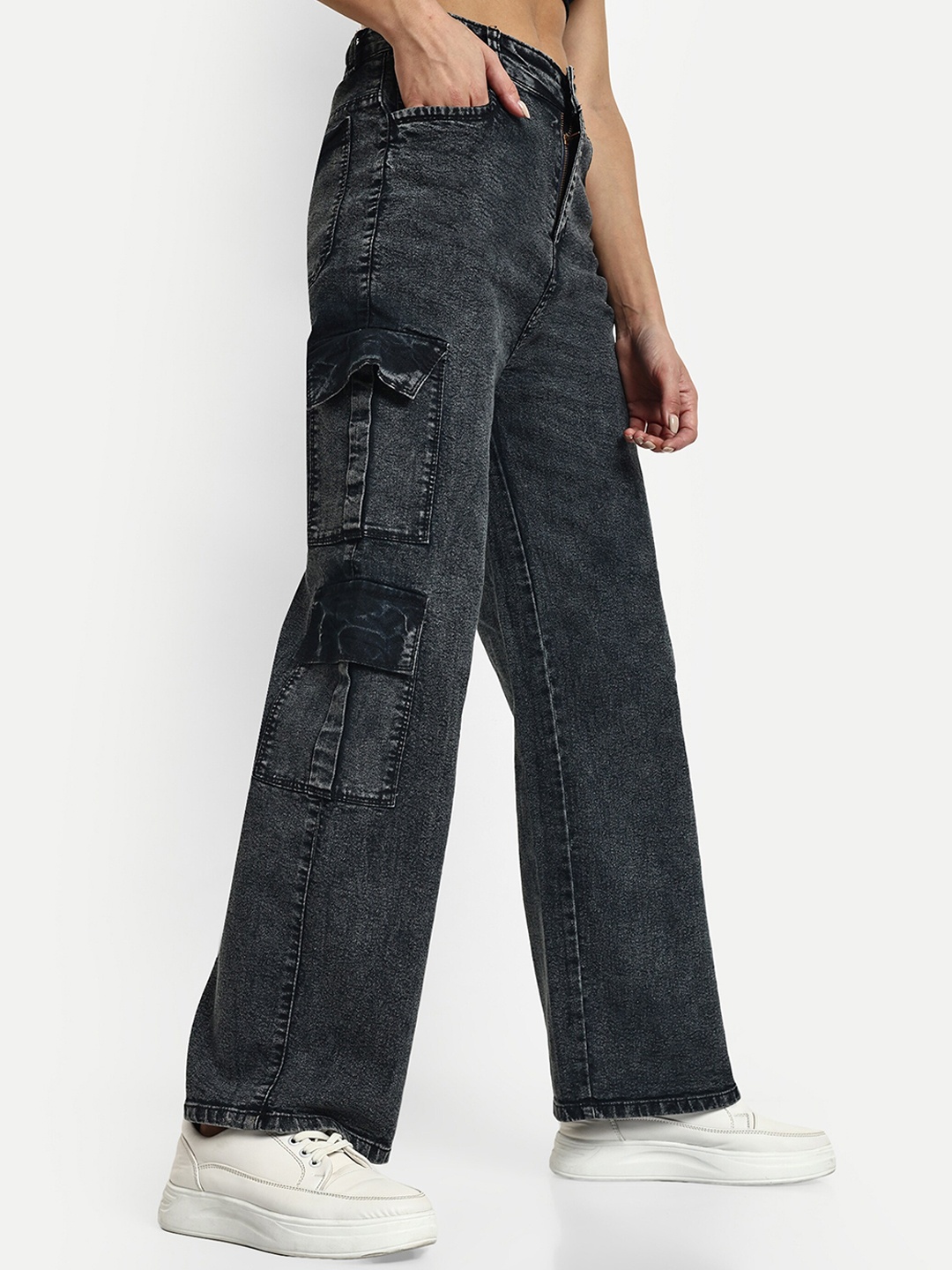 

BROADSTAR Women Smart Wide Leg High-Rise Cotton Stretchable Cargo Jeans, Black