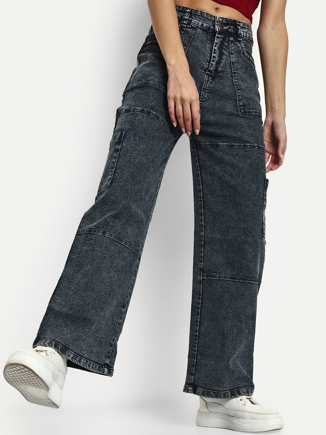 

BROADSTAR Women Smart Wide Leg High-Rise Clean Look Stretchable Jeans, Black