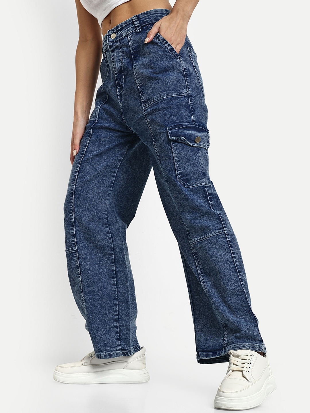 

BROADSTAR Women Heavy Fade Smart Wide Leg High-Rise Cotton Cargo Jeans, Blue