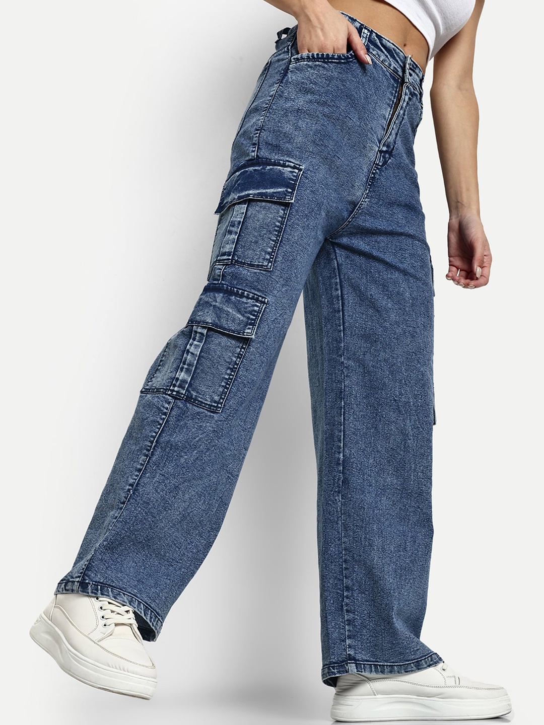 

Next One Women Smart Wide Leg High-Rise Clean Look Stretchable Denim Cargo, Blue