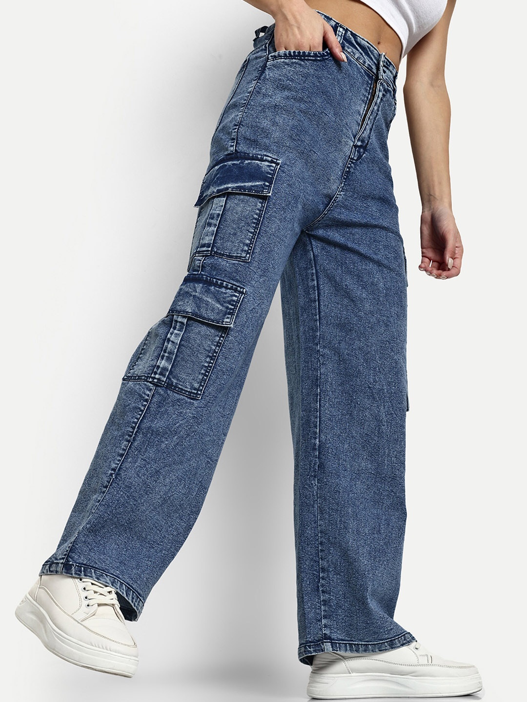 

Next One Women Smart Wide Leg High-Rise Clean Look Stretchable Denim Cargo, Blue