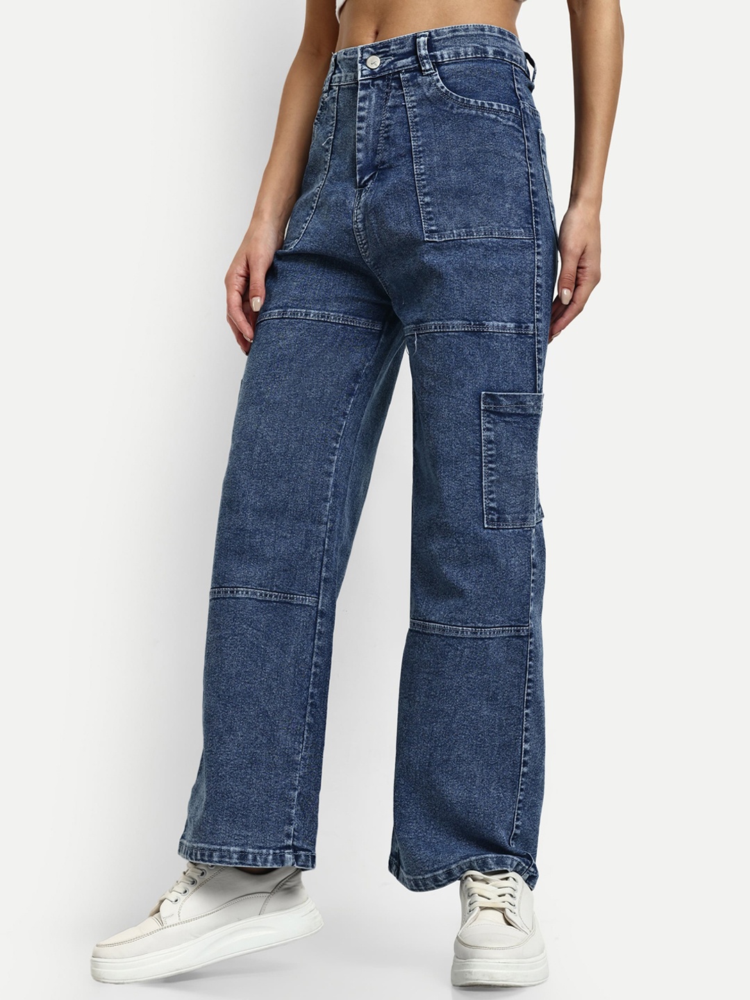 

Next One Women Smart Wide Leg High-Rise Stretchable Denim Cargo, Blue