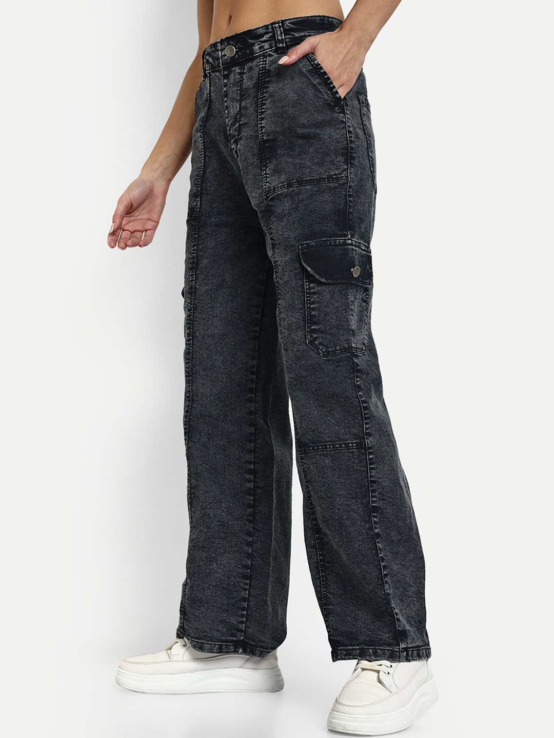 

Next One Women Smart Wide Leg High-Rise Cotton Cargo Jeans, Black