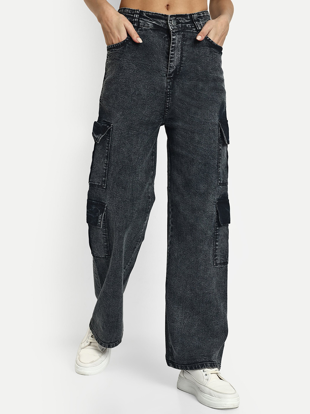 

Next One Women Black Smart Wide Leg High-Rise Clean Look Stretchable Jeans