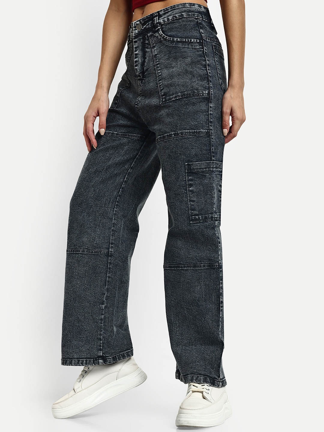 

Next One Women Smart Wide Leg High-Rise Cotton Cargo Jeans, Black