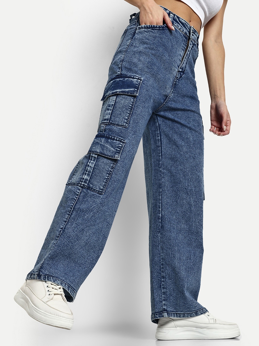 

Next One Women Smart Wide Leg High-Rise Cotton Stretchable Jeans, Blue