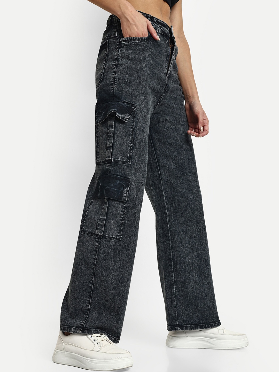 

Next One Women Smart Wide Leg High-Rise Cotton Stretchable Jeans, Black
