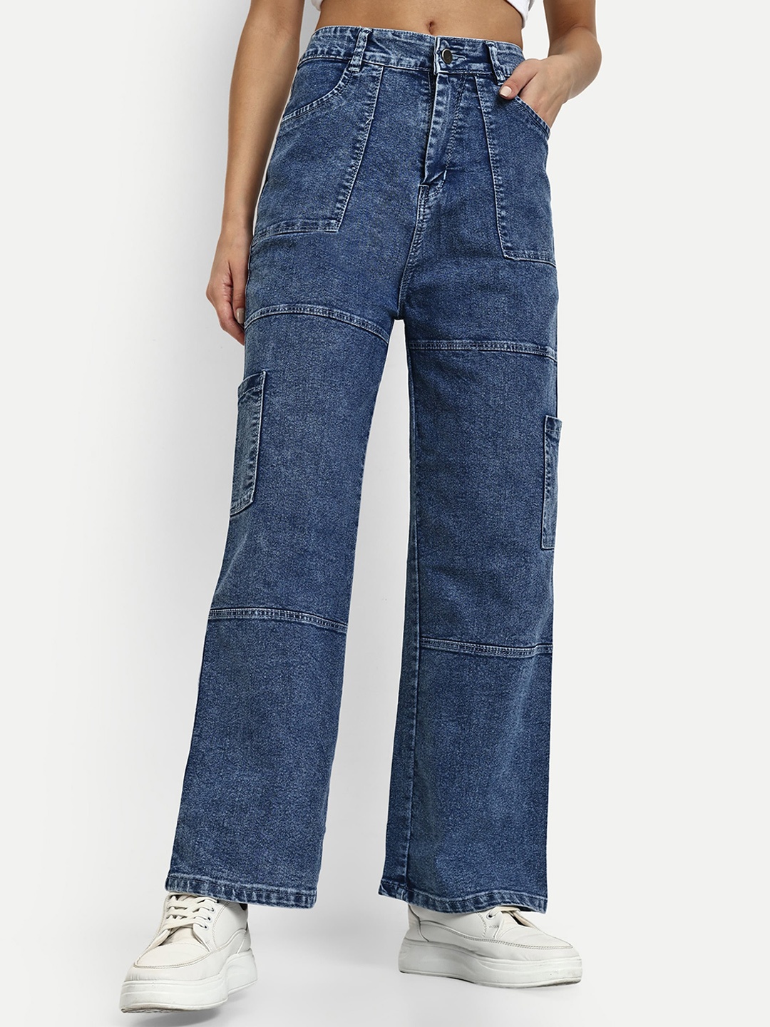 

Next One Women Smart Wide Leg High-Rise Clean Look Stretchable Denim Cargo, Blue