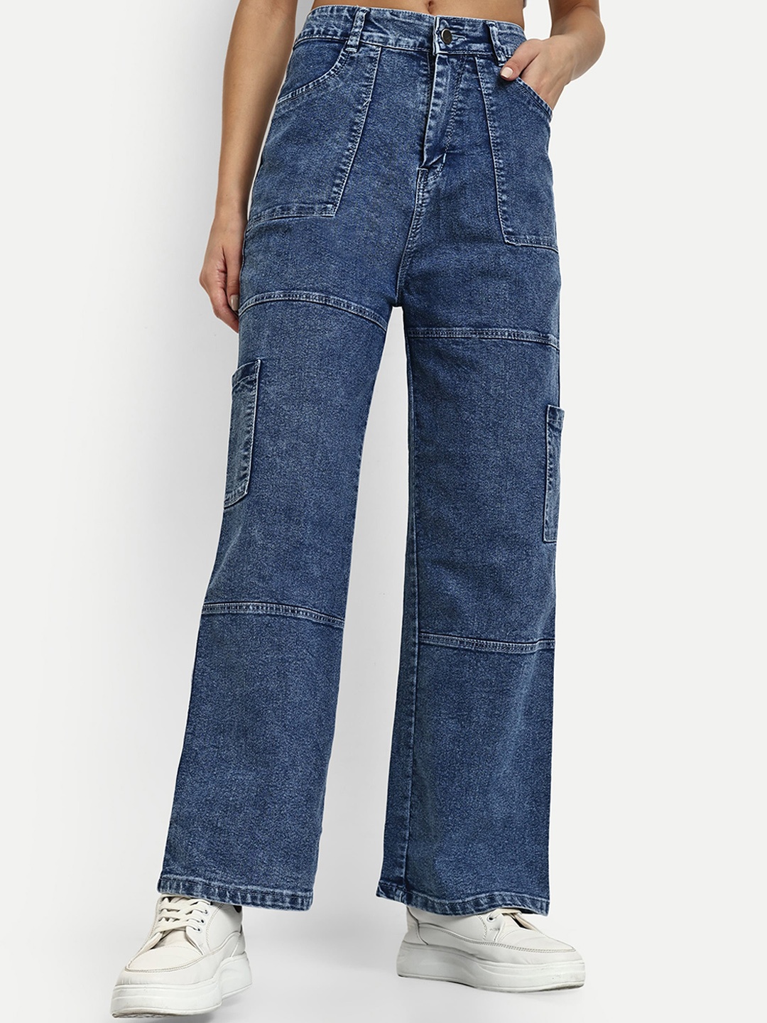 

Next One Women Smart Wide Leg High-Rise Cotton Denim Cargo, Blue