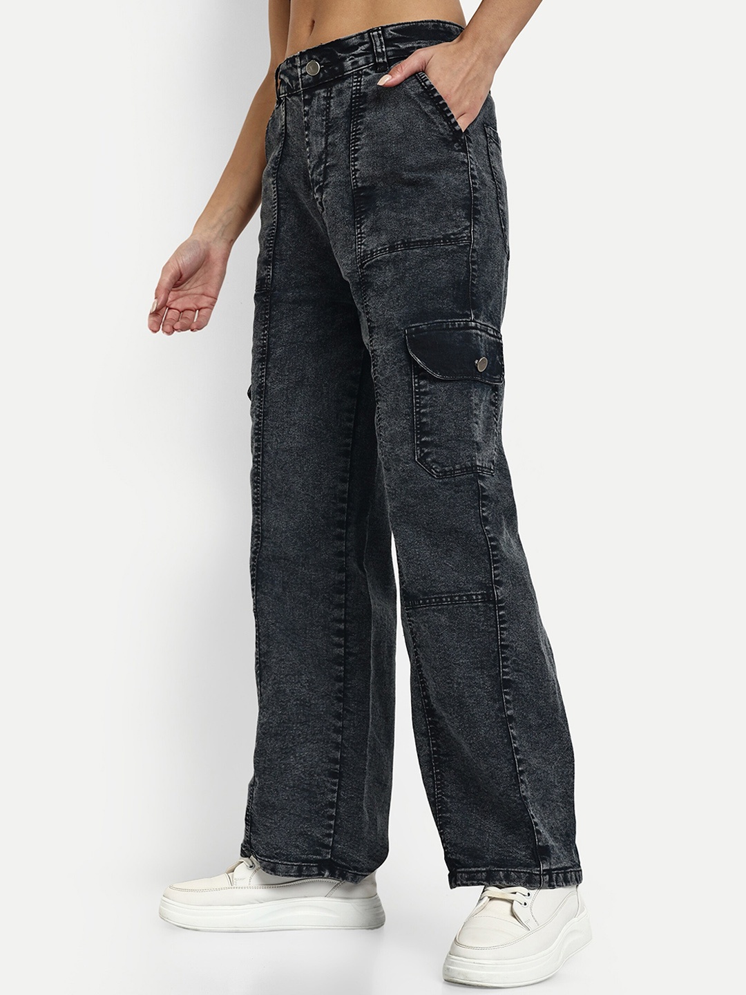 

Next One Women Smart Wide Leg High-Rise Clean Look Stretchable Denim Cargo, Black