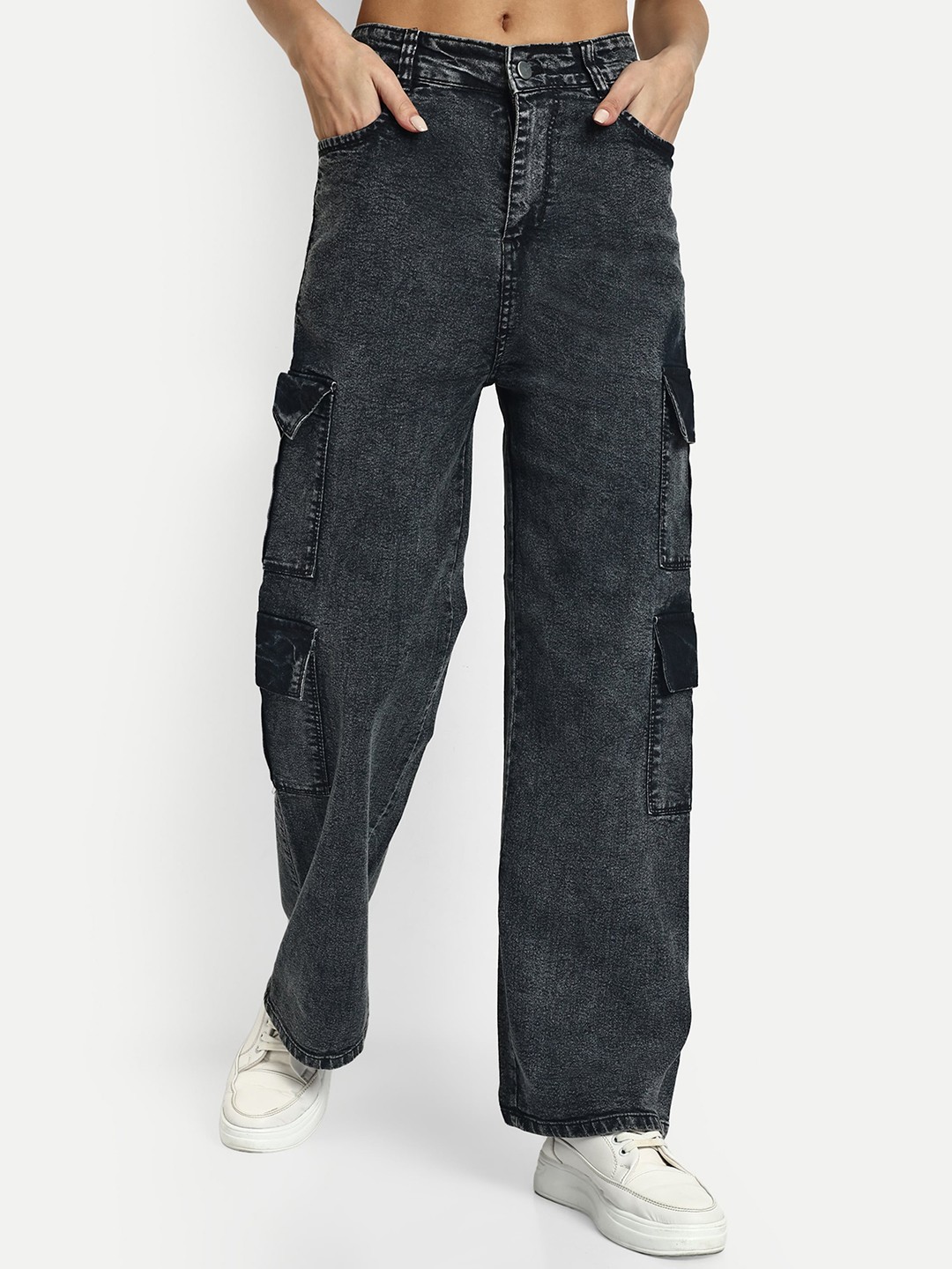 

Next One Women Smart Wide Leg High-Rise Stretchable Cargo Jeans, Black